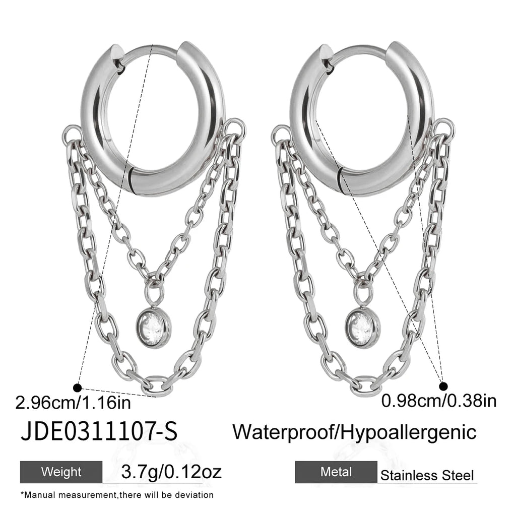Kika Classic Steel Color Circular Zircon Chain Tassel Earrings