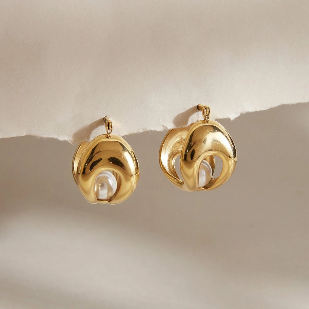KIKA Elegant Imitation Pearl Hollow Clip Earrings 18K Gold PVD Plated Stainless Steel316L