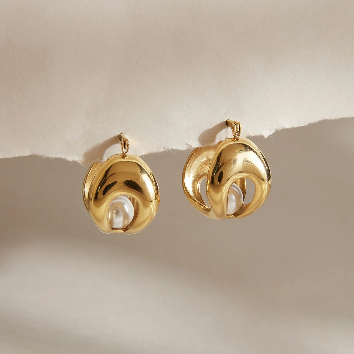 KIKA Elegant Imitation Pearl Hollow Clip Earrings 18K Gold PVD Plated Stainless Steel316L