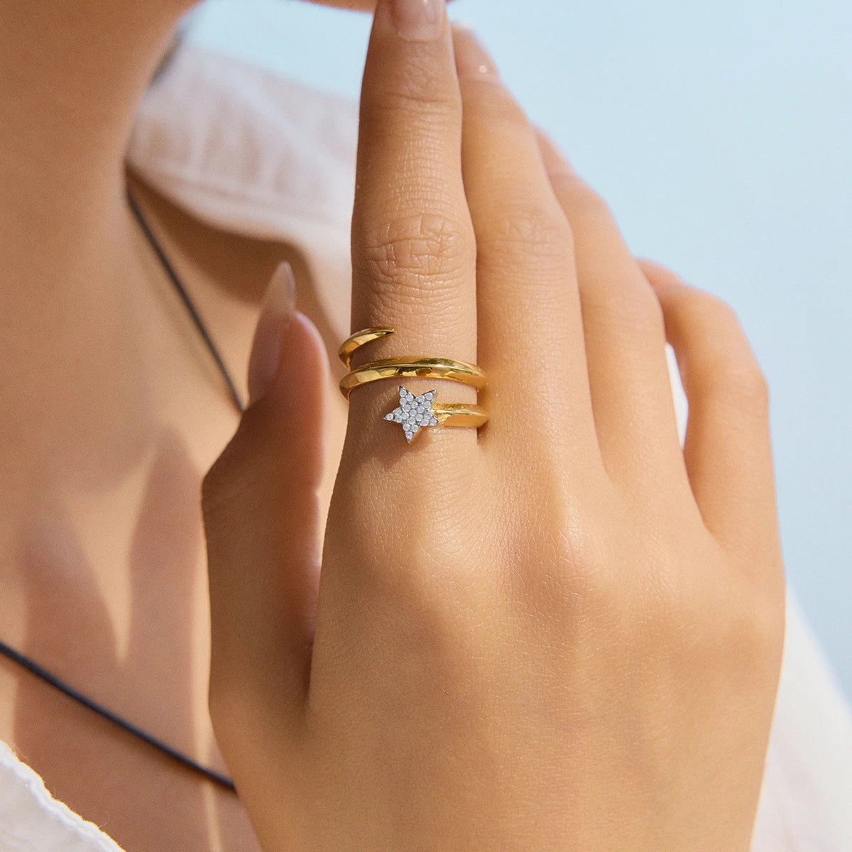 Kika Fashion Pentagram Three Layer Ring 18K Gold