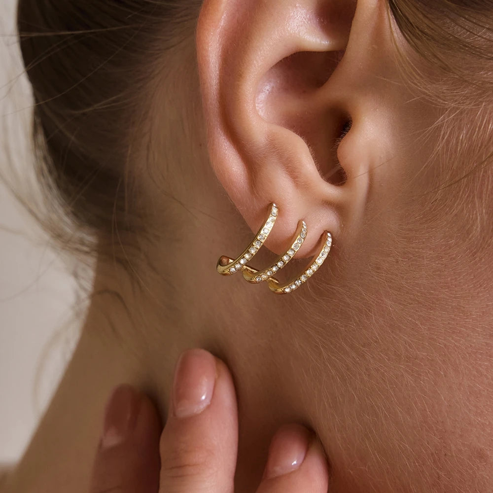KIKA Multilayer Iced Out Crystal C Shape Stud Earrings For Women 18K Gold Plated Stainless Steel 316L
