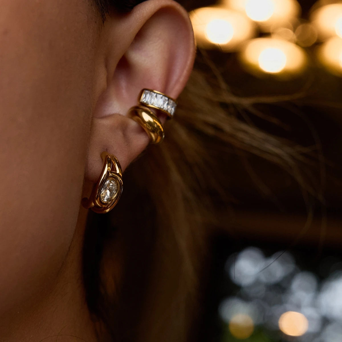KIKA Minimalist White Zircon C-shaped Earrings 18K Gold Color PVD Plated Stainless Steel 316L Round Earrings