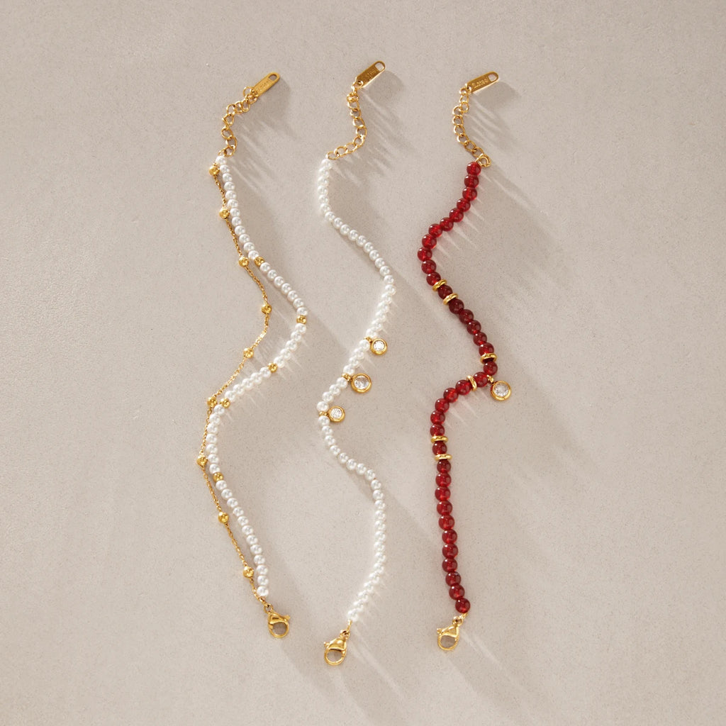 KIKA  Red Agate Stone Imitation Pearl Beaded Bracelet  18K Gold Plated Stainless Steel 316L