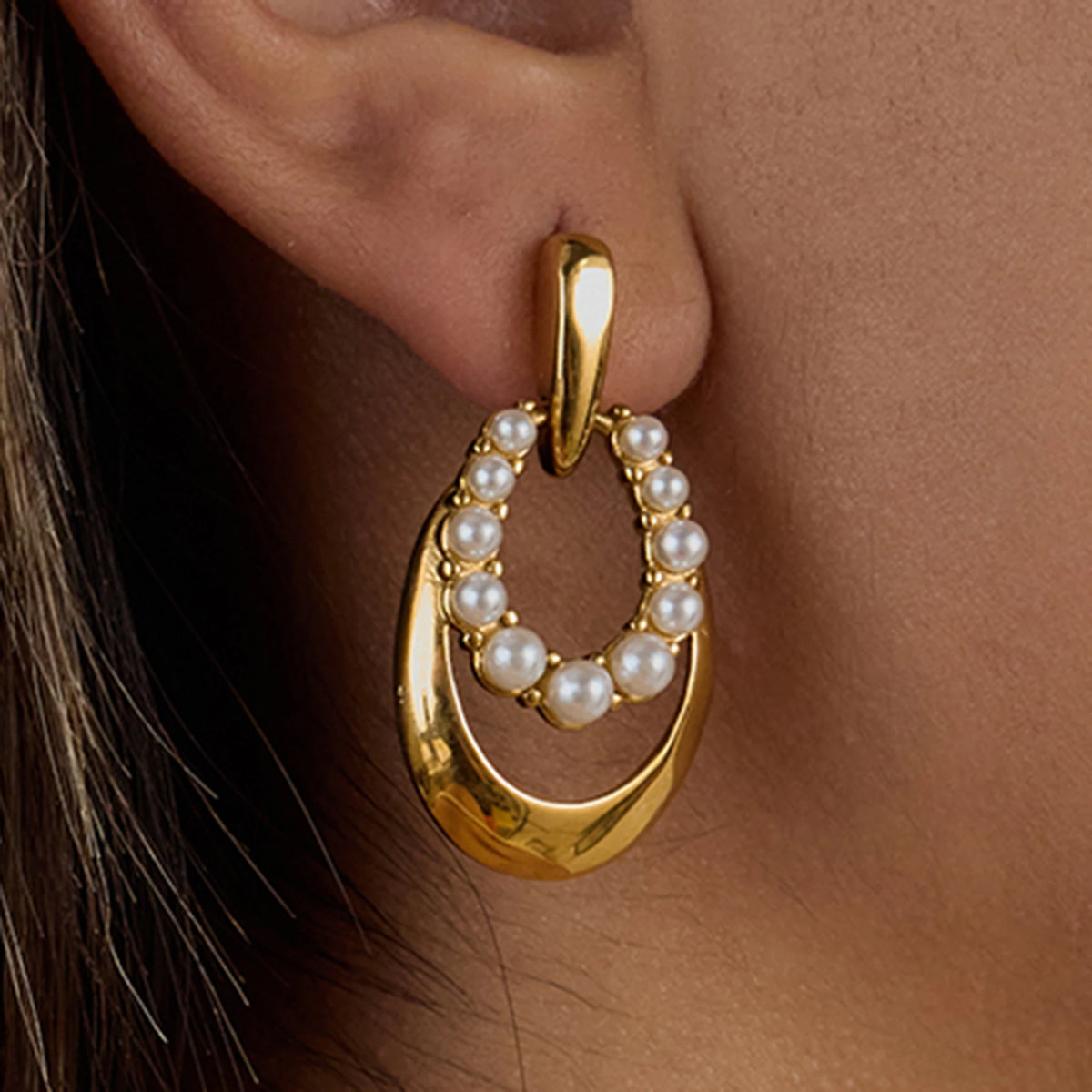 KIKA Fashion Pearl Hollow Door Handle Earrings 18K Gold Color PVD Plated Stainless Steel 316L Oval