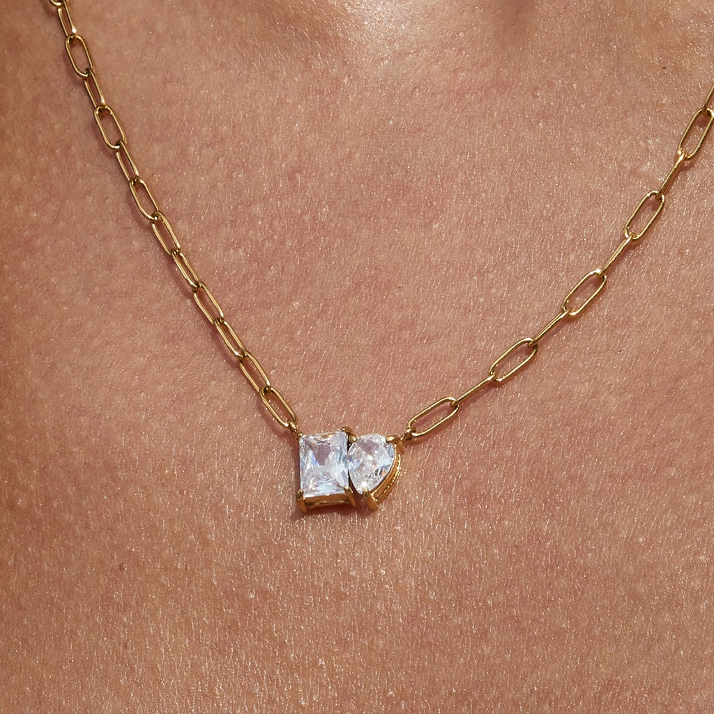 Kika Simple Classic 18K Gold Color Plated Stainless Steel Square White Zircon Water Drop Pendant Necklace