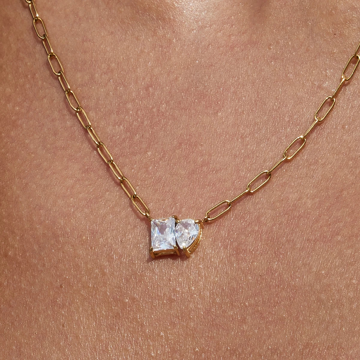 Kika Simple Classic 18K Gold Color Plated Stainless Steel Square White Zircon Water Drop Pendant Necklace
