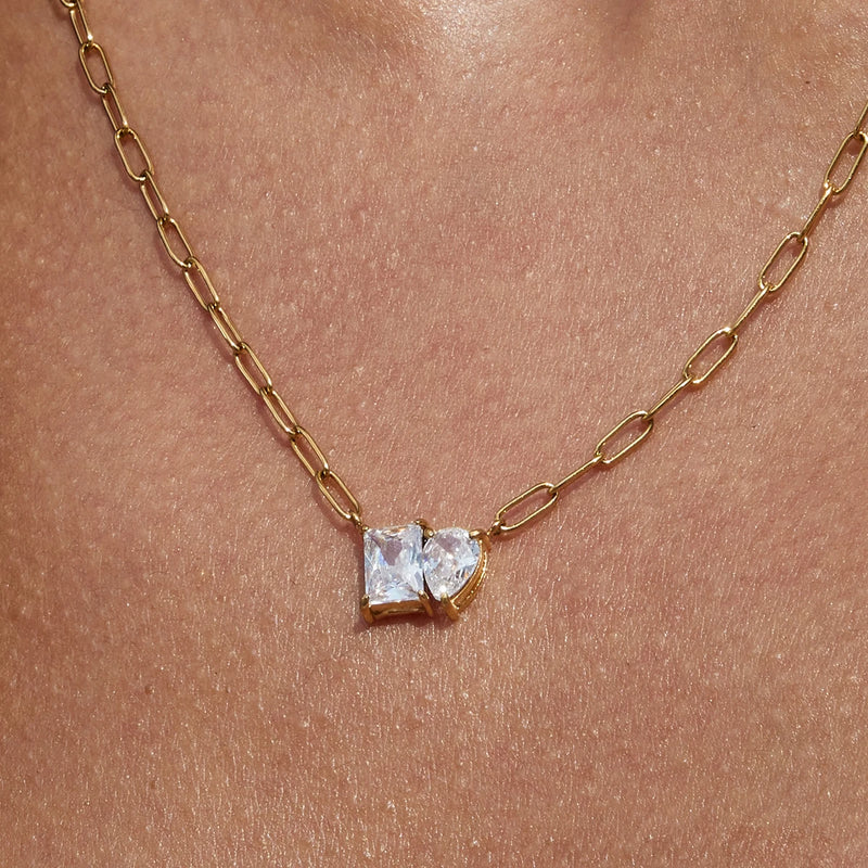 Kika Simple Classic 18K Gold Color Plated Stainless Steel Square White Zircon Water Drop Pendant Necklace