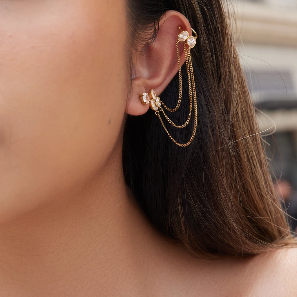 Kika 1 PC Geometric Zircon Chains Tassel Earring Gold PVD Plated Stainless Steel 316L