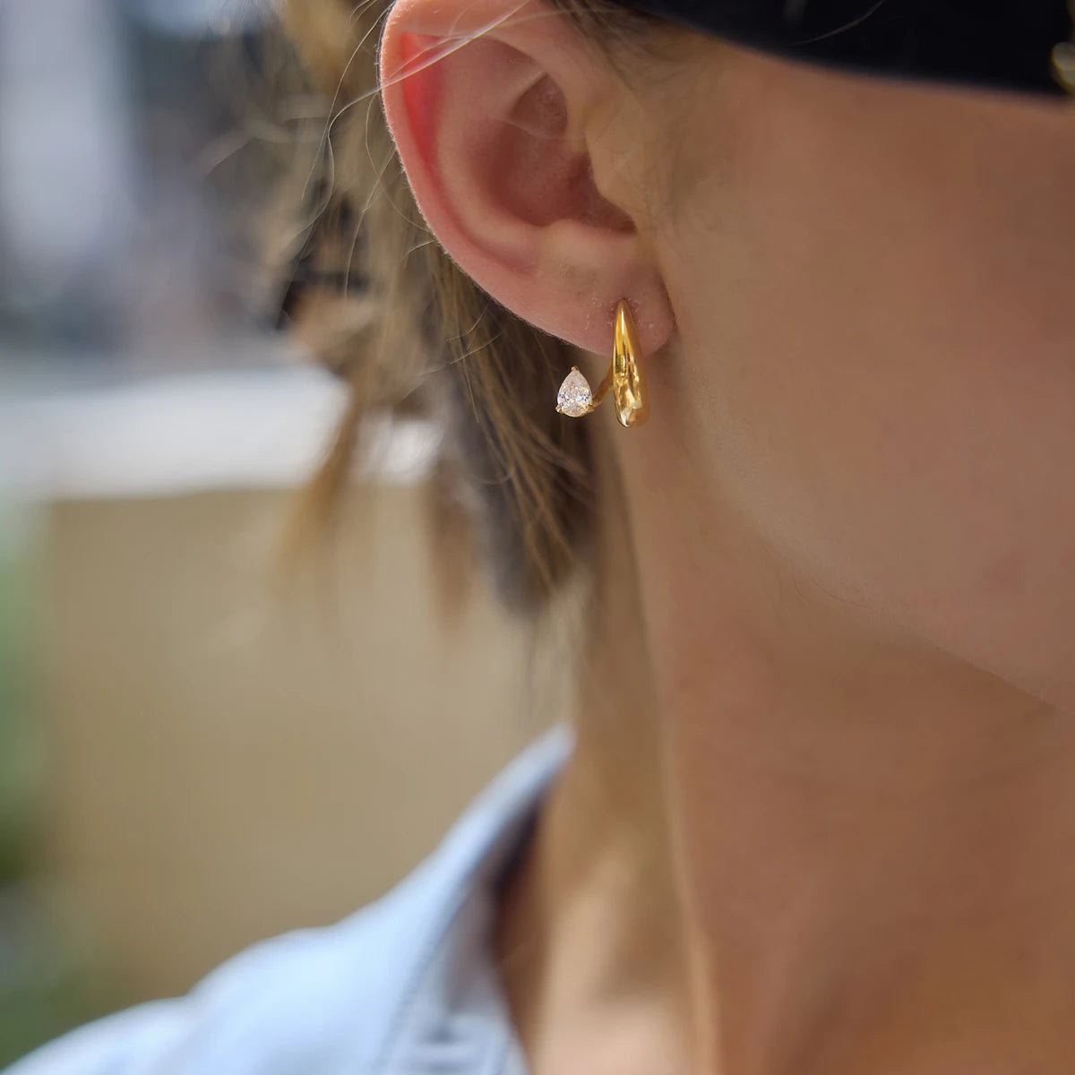 Kika Water Drop Zircon U Shape Clip Earrings Minimalist 18K Gold PVD Plated Stainless Steel 316L