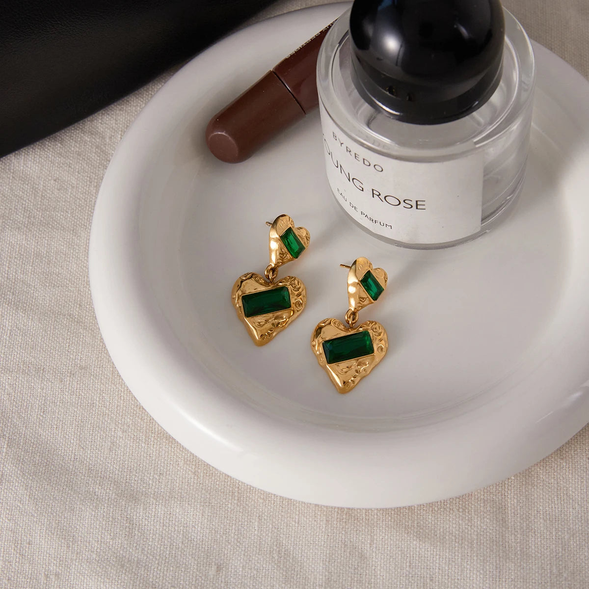 Vintage Square Green Zircon Heart Shape Pendant Earrings