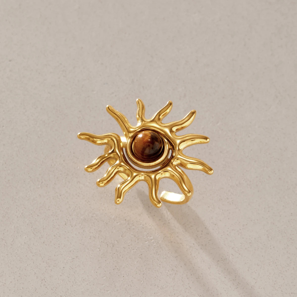 KIKA Vintage Tiger Eye Stone Sprial Sun Open Rings For Women 18K Gold PVD Plated Stainless Steel 316L