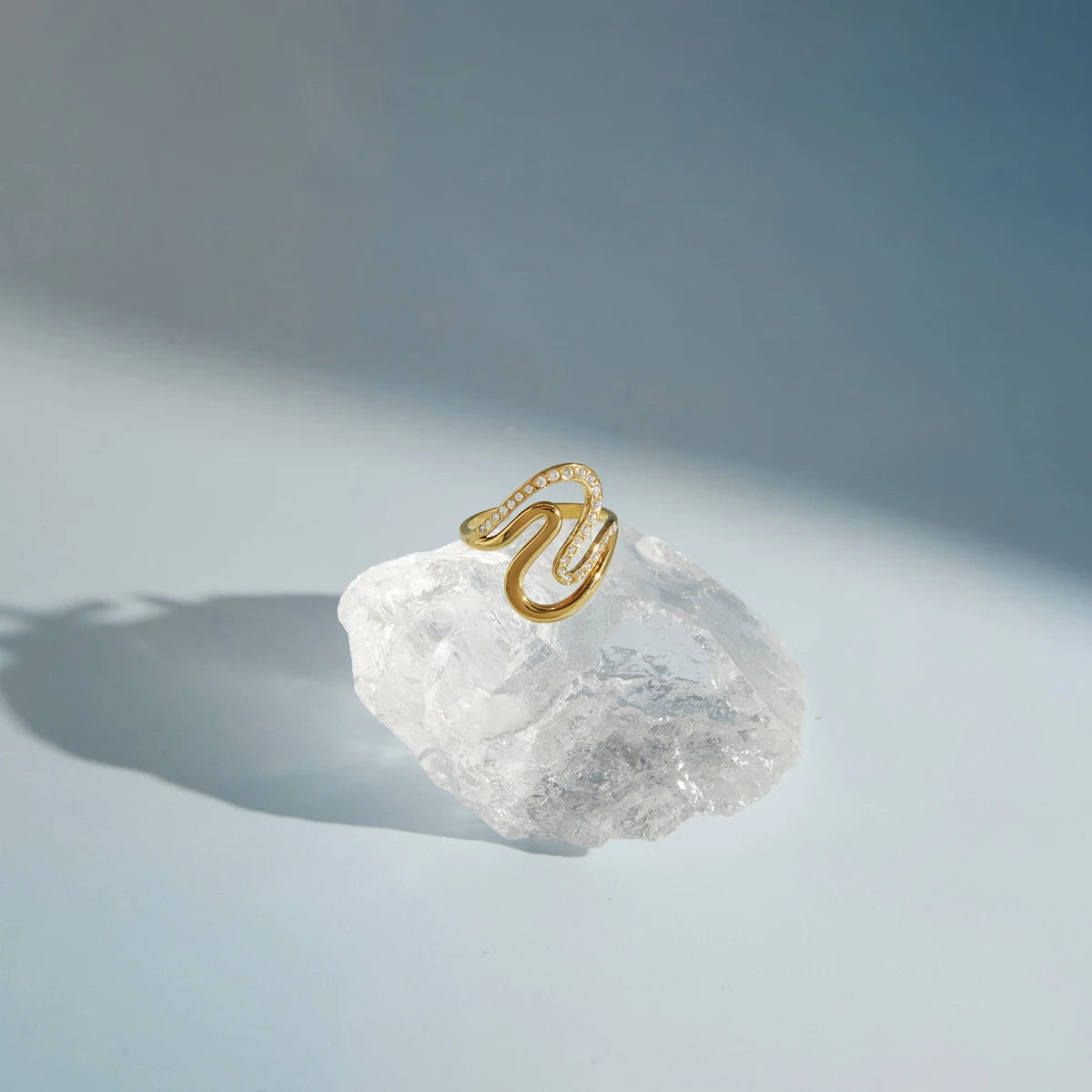 KIKA Classic Zircon Wave Shape Hollow Open Ring PVD Plated Stainless Steel 316L