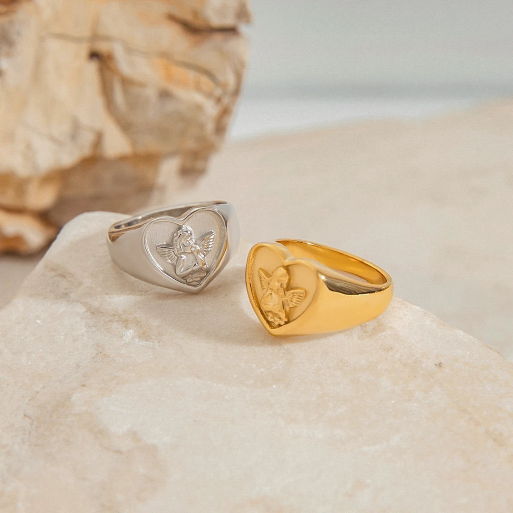 KIKA Minimalist Heart Angel Ring Stainless Steel 316L Waterproof Stackable Love Ring