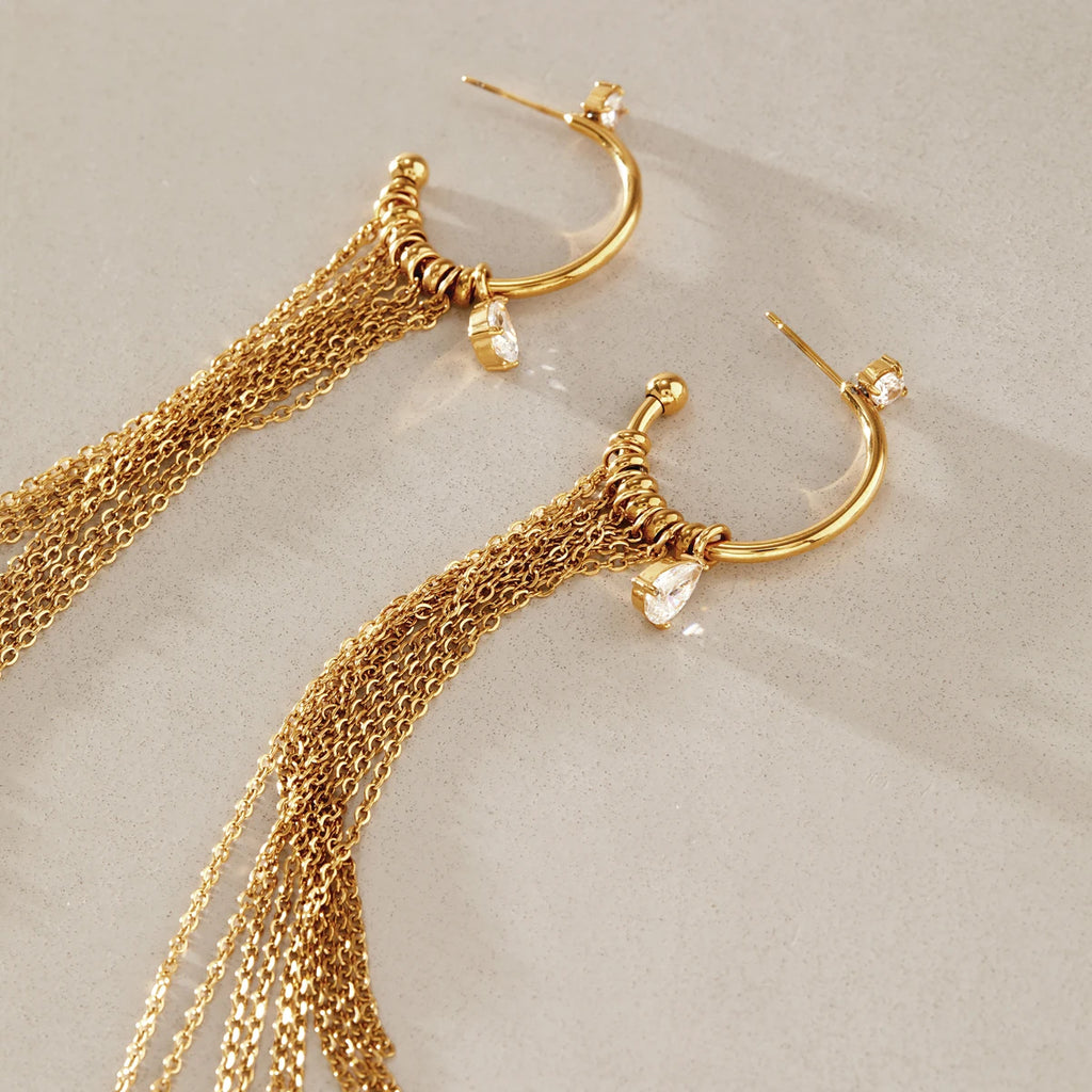 KIKA Classic Water Drop Zircon Long Chains Tassel Earrings For Women 18K Gold Plated Stainless Steel 316L