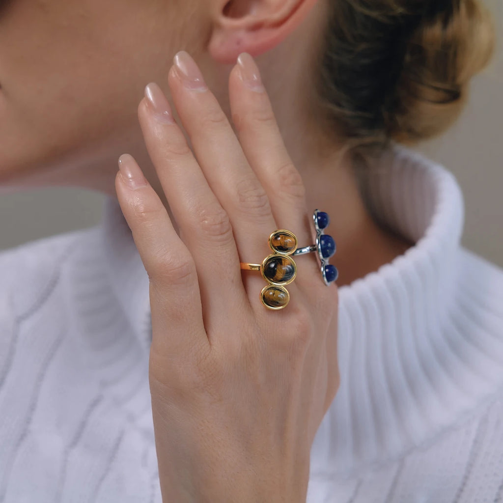 KIKA Vintage Tiger Eye Lapis Lazuli Stone Open Rings For Women 18K Gold PVD Plated Stainless Steel Rings Fashion Jewelry Gift