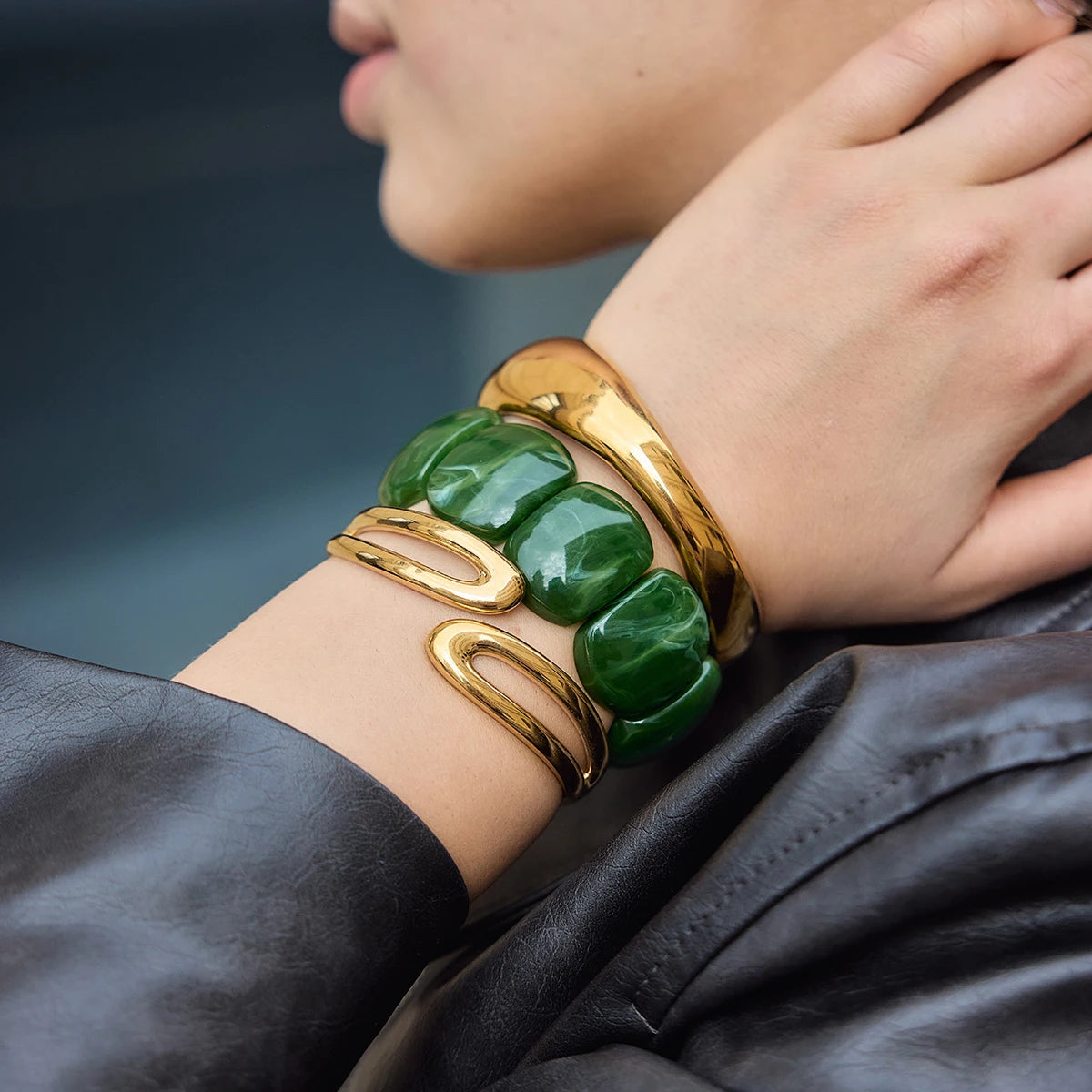 KIKA Vintage Blue Green Resin Wide Bangles Adjustable Elastic Bangles Simple