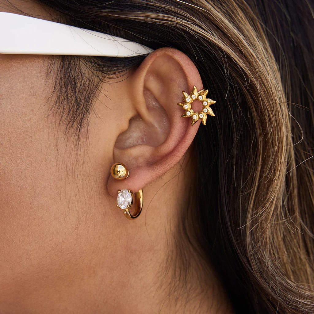 KIKA Classic Minimalist 18K Gold Color PVD Plated Inlay White Rhinestone Sun Shape Ear Clip Hypoallergenic Stainless Steel 316L