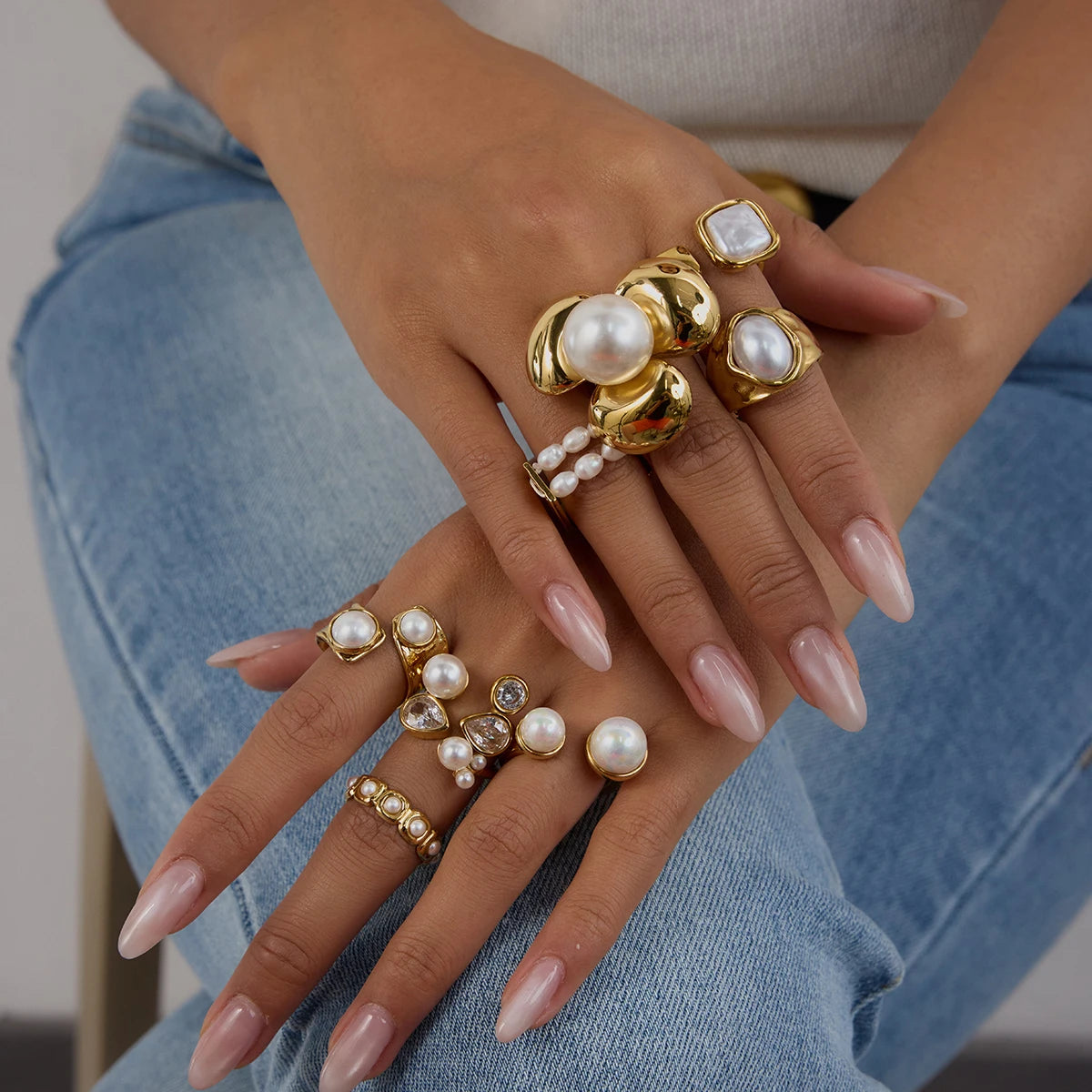 Kika Simple Classic 18K Gold Color Plated Stainless Steel Pearl Ring