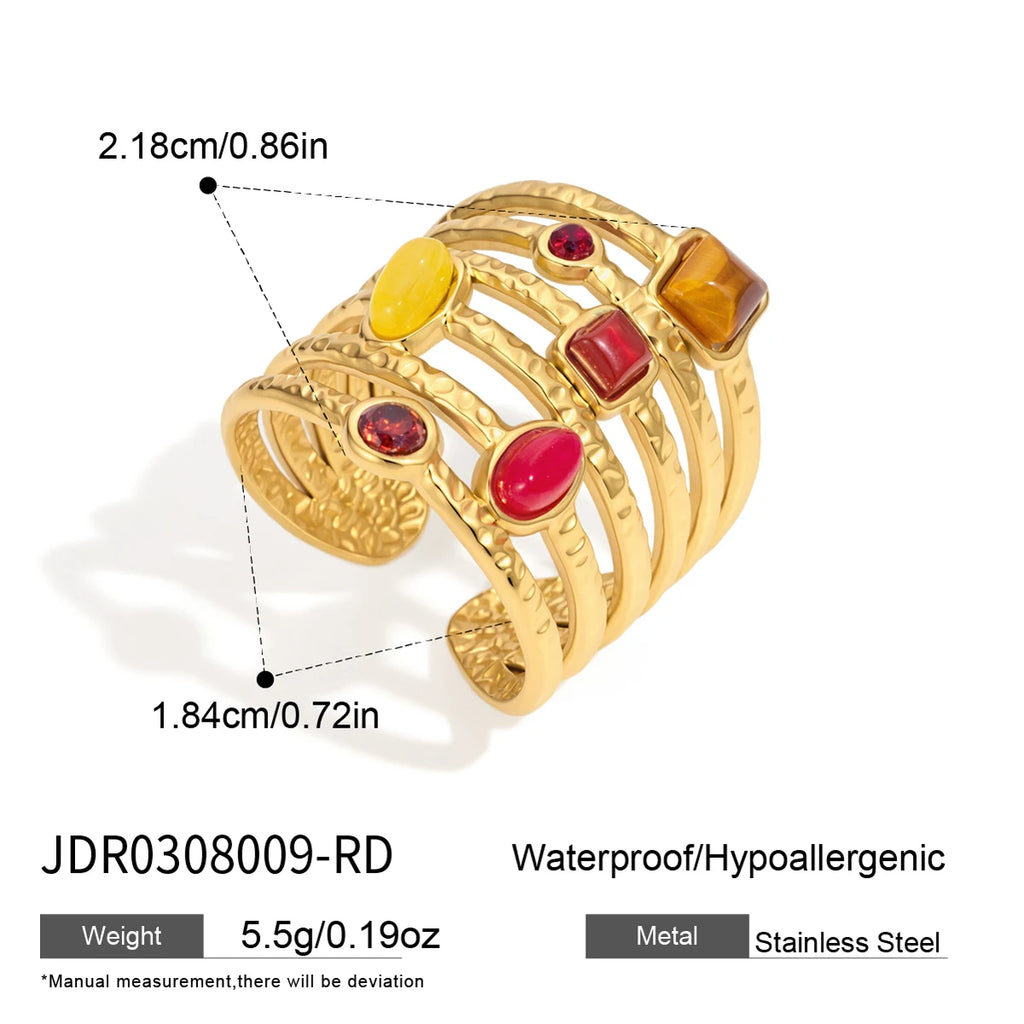 KIKA Vintage Natural Stone Rings For Women Multilayer 18K Gold PVD Plated Stainless Steel Open Rings Fashion Jewelry Gift