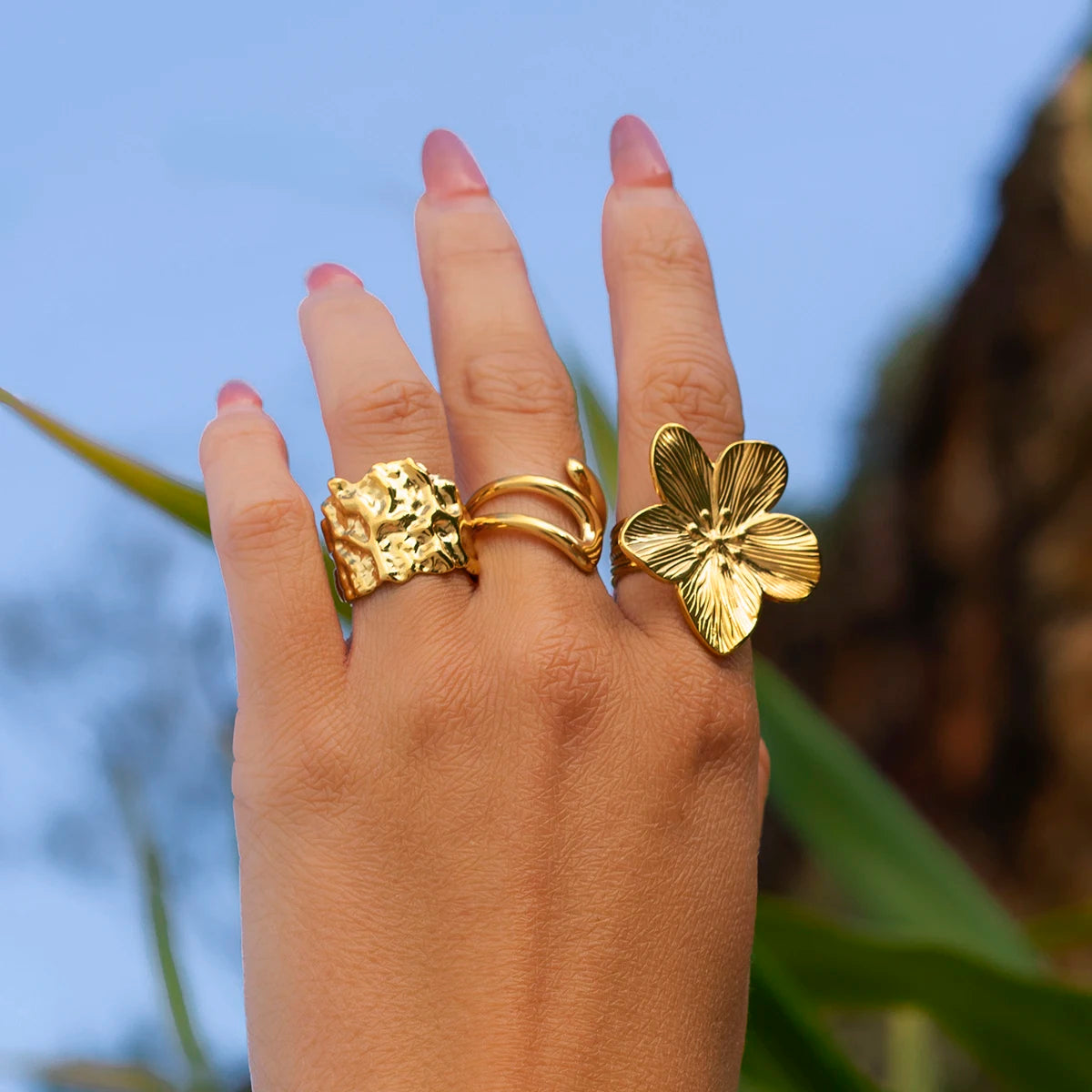 kika Stainless Steel With 18k Gold Color Plated Hammered Wide Open Ring