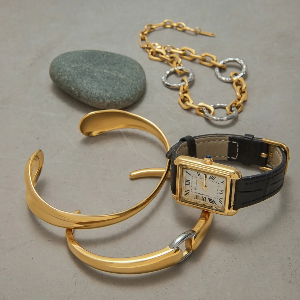 KIKA  Fashion Geometric Rectangular Belt Watch Two tone Chain Bracelet Stainless Steel 316L PVD Plated