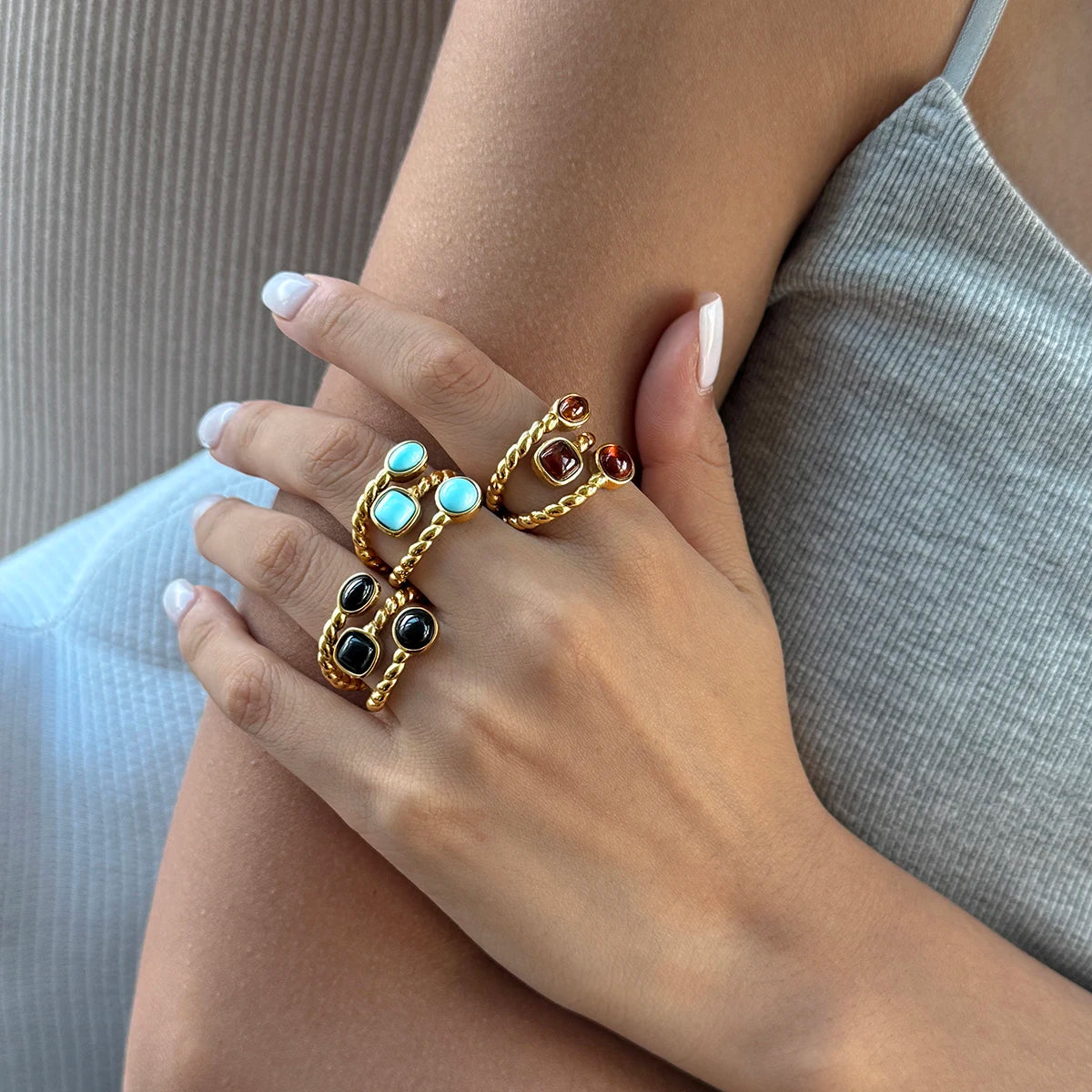 KIKA Vintage Resin Rings For Women Multilayer 18K Gold PVD Plated Stainless Steel 316L Twisted Open Rings Fashion Jewelry Gift