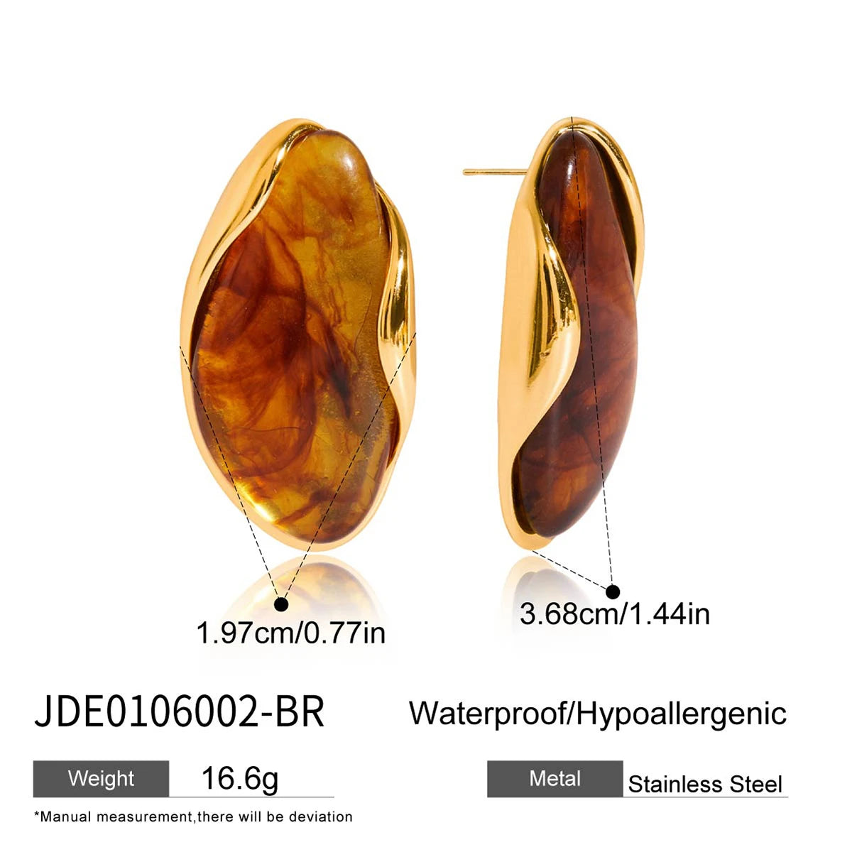 Kika Retro 18K Gold Color Plated Stainless Steel Irregular Resin Ear Studs