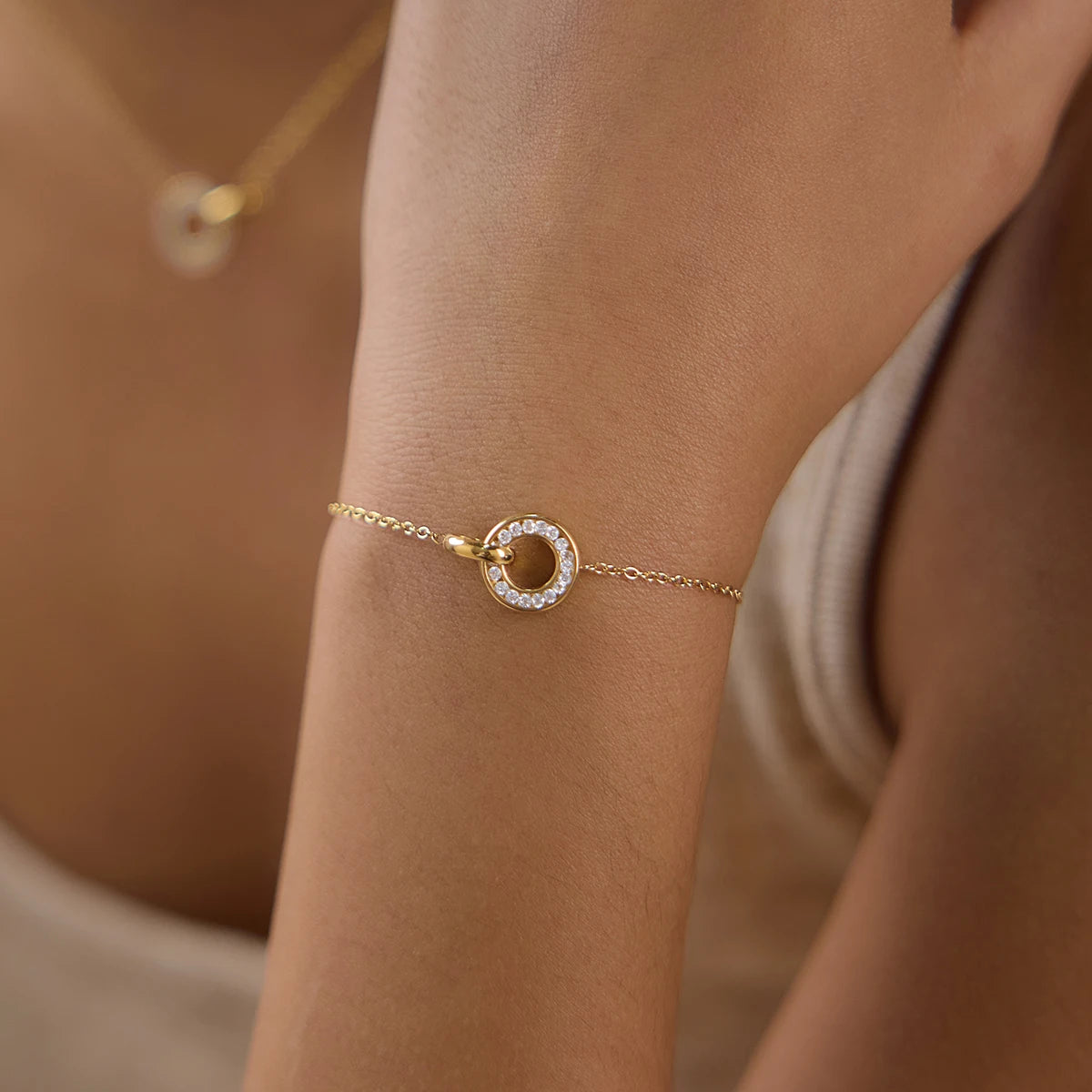 Kika Delicate White Zircon Double Ring Interlocking Pendant With O-Chain Necklace