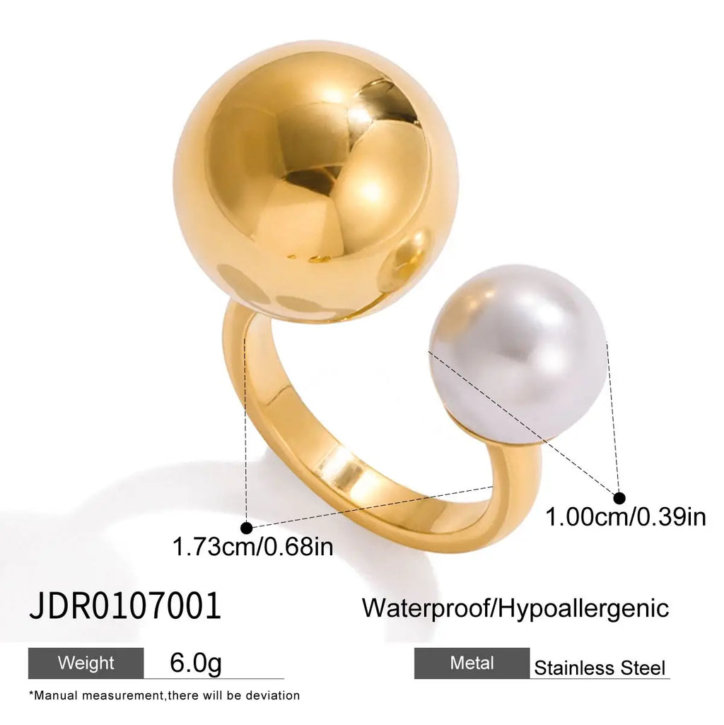 KIKA  Minimalist Classic 18K Gold Color PVD Plated Glass Pearl Asymmetric Spherical Ring Stainless Steel 316L Waterproof
