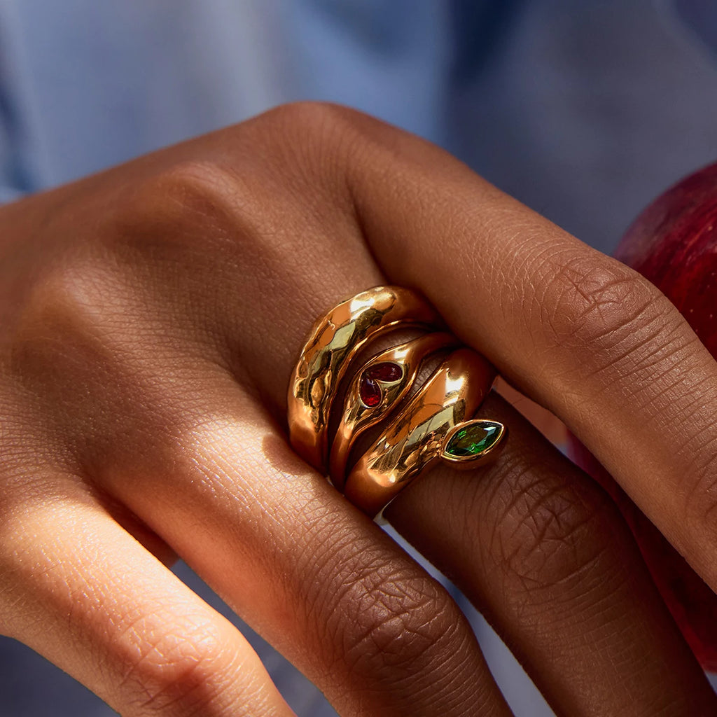 KIKA Fashion Independent Designer's 18K Gold Color Plated Stainless Steel Apple Hammer Pattern Stackable Ring Women's Jewelry