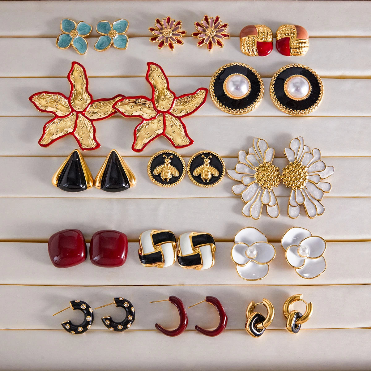 KIKA Vintage Square Red Double Color Drip Oil Ears Studs18K PVD Stainless Steel 316L Gold Color Irregular Drip Oil
