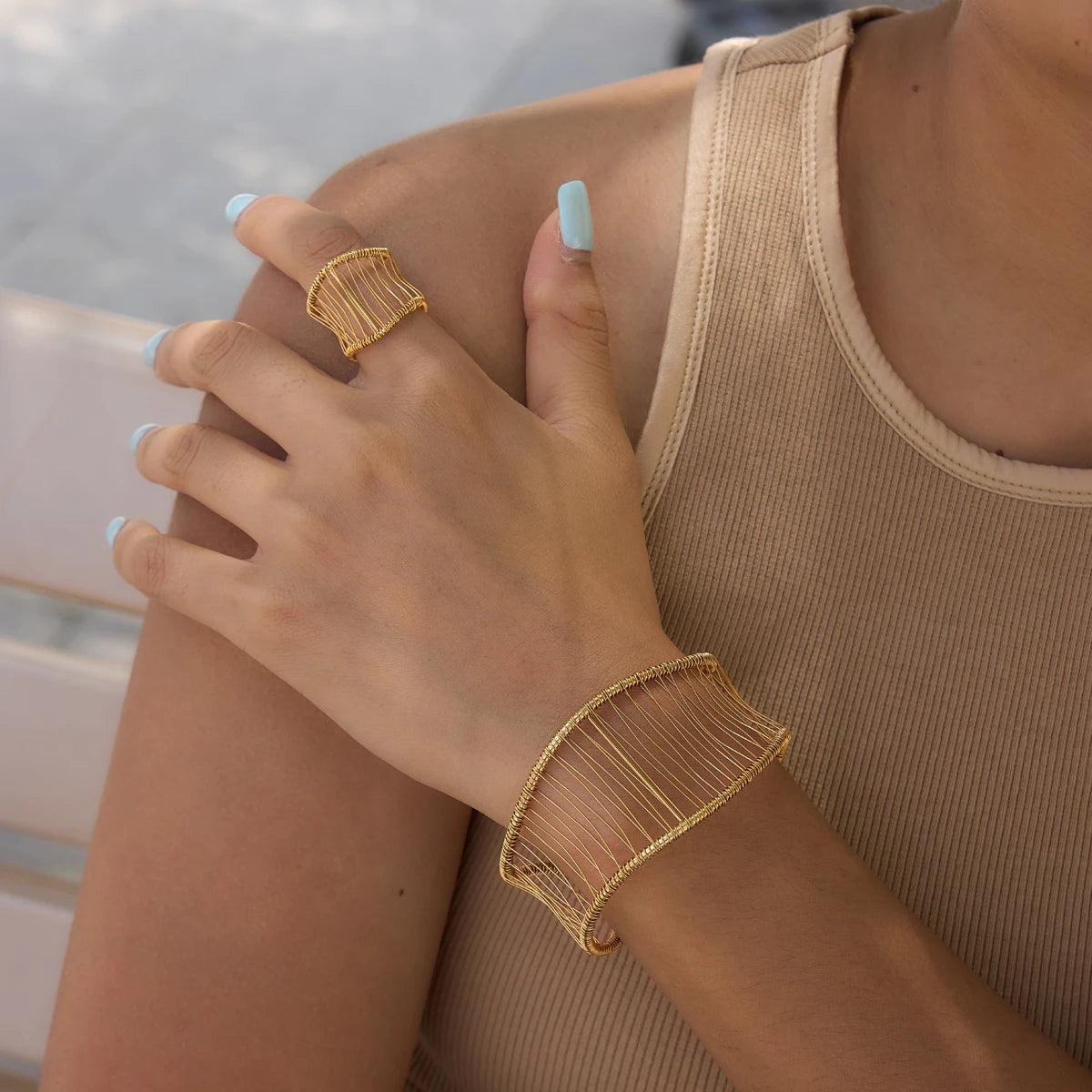 KIKA Multi Layer Hollowed Out Winding Linear Wide Face Bracelet PVD Plated Stainless Steel 316L