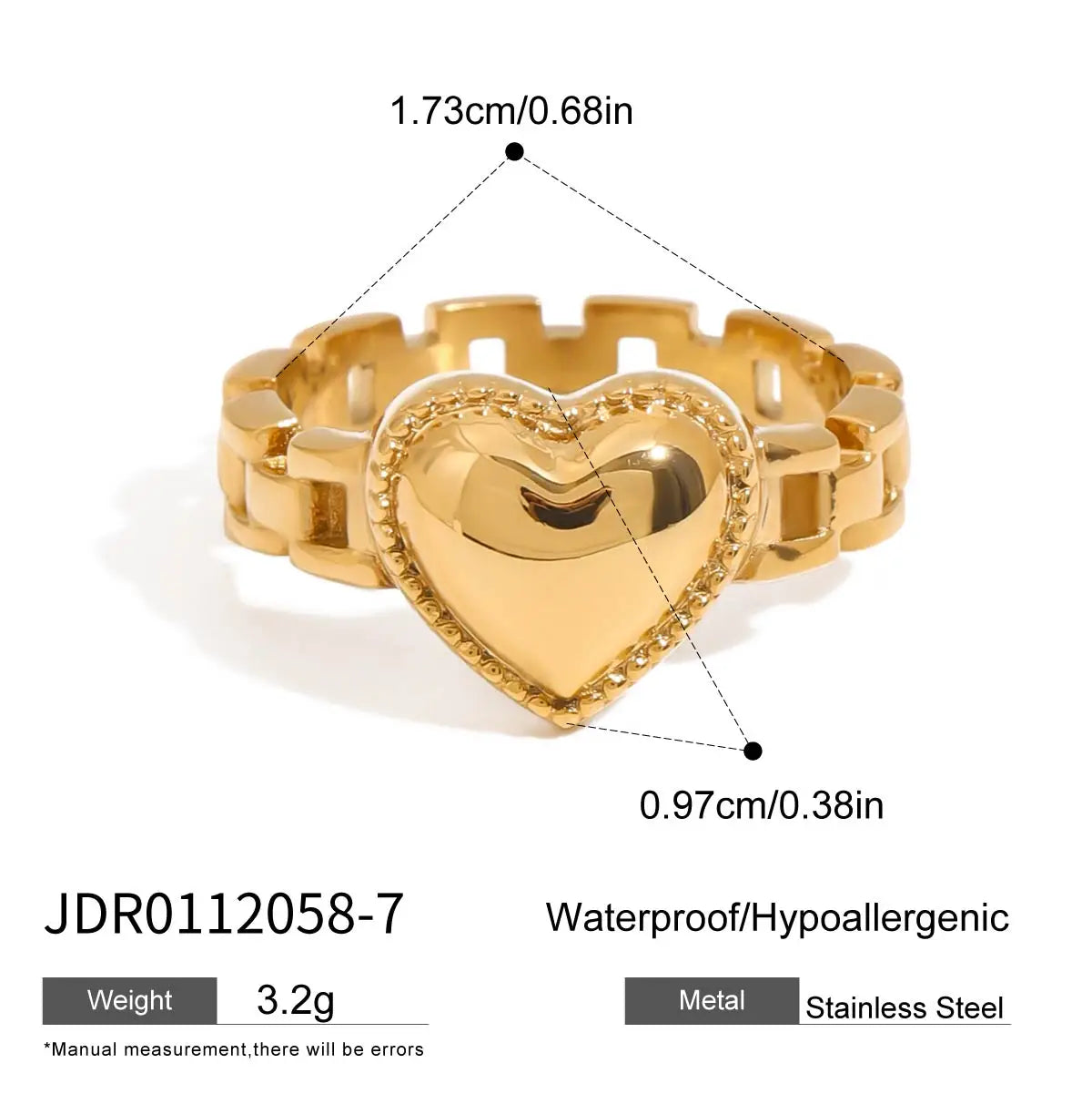 KIKA  Vintage Classic 18K Gold Color PVD Plated Black Drip Oil White Rhinestone Heart Open Rings Waterproof Stainless Steel 316L