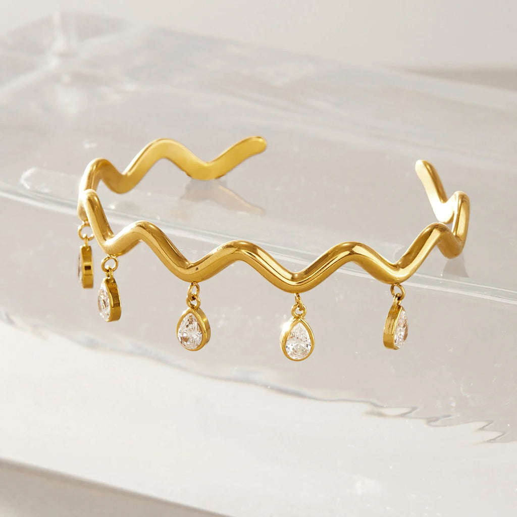 KIKA Water Drop Zircon Wave Shape Cuff Bracelet PVD 18K Gold Plated Stainless Steel 316L