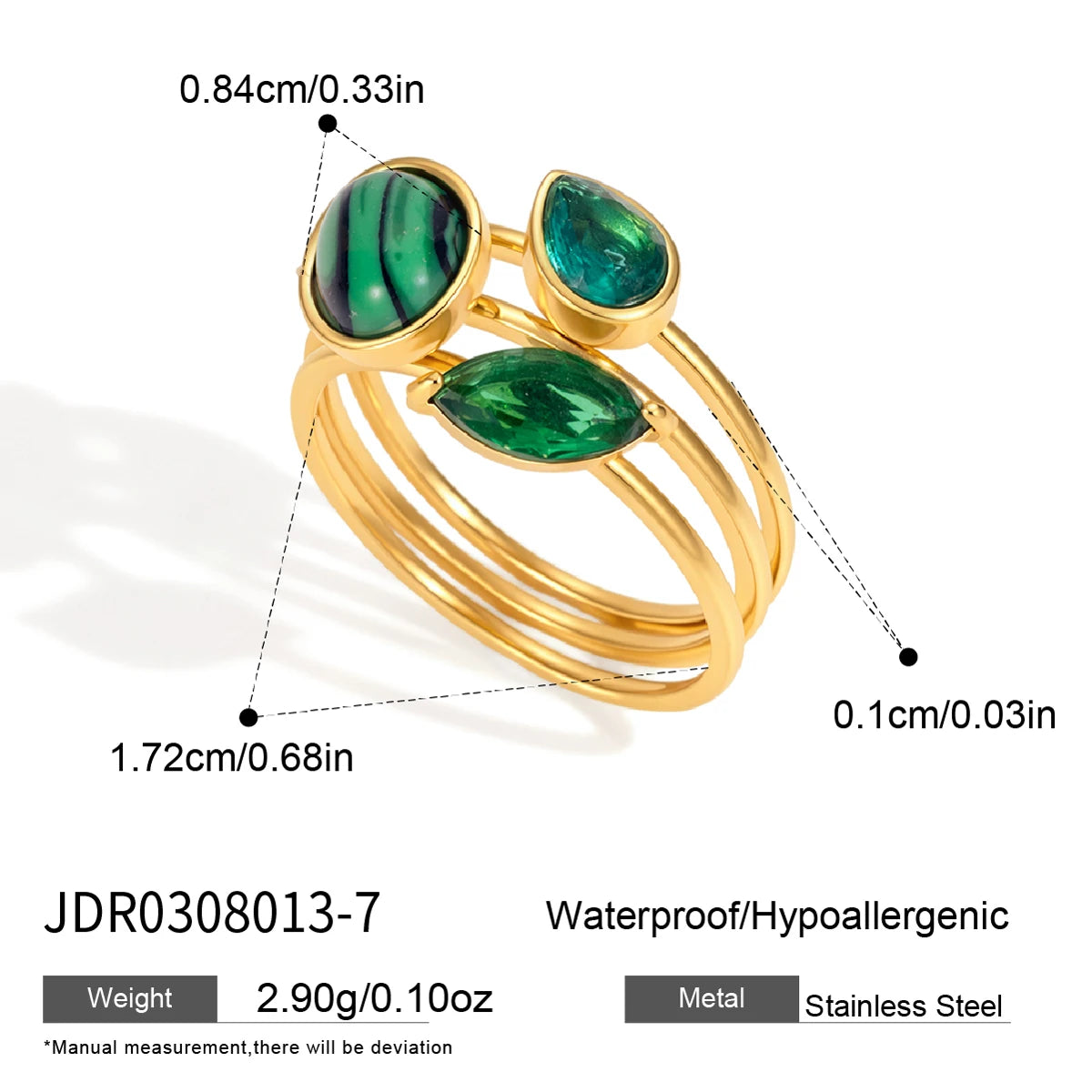 KIKA Elegant Zircon Natural Stone Rings For Women Multilayer 18K Gold PVD Plated Stainless Steel Open Rings Fashion Jewelry