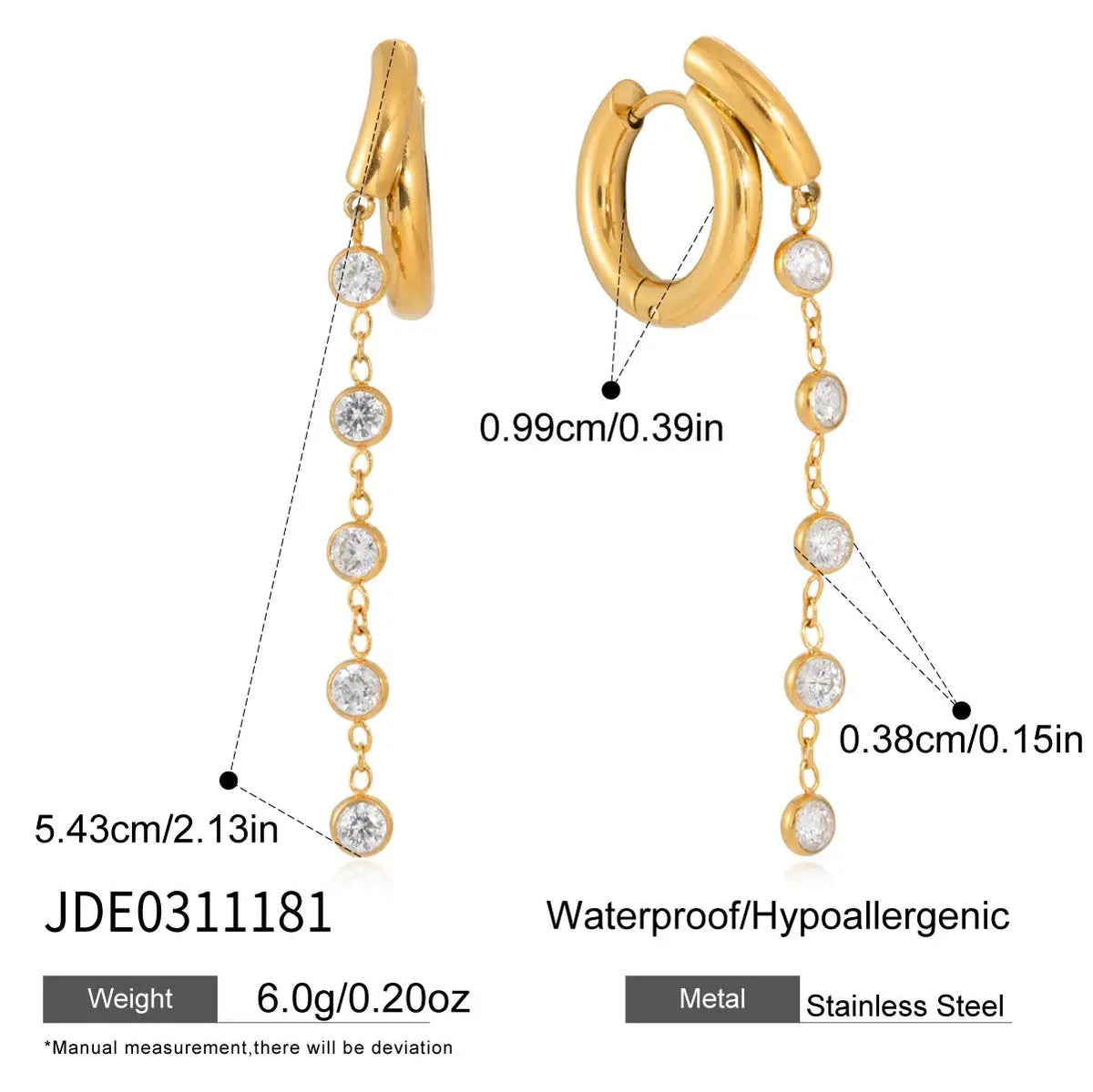 Kika Delicate Zircon Earrings Minimalist 18K Gold PVD Plated Stainless Steel Chains 316L