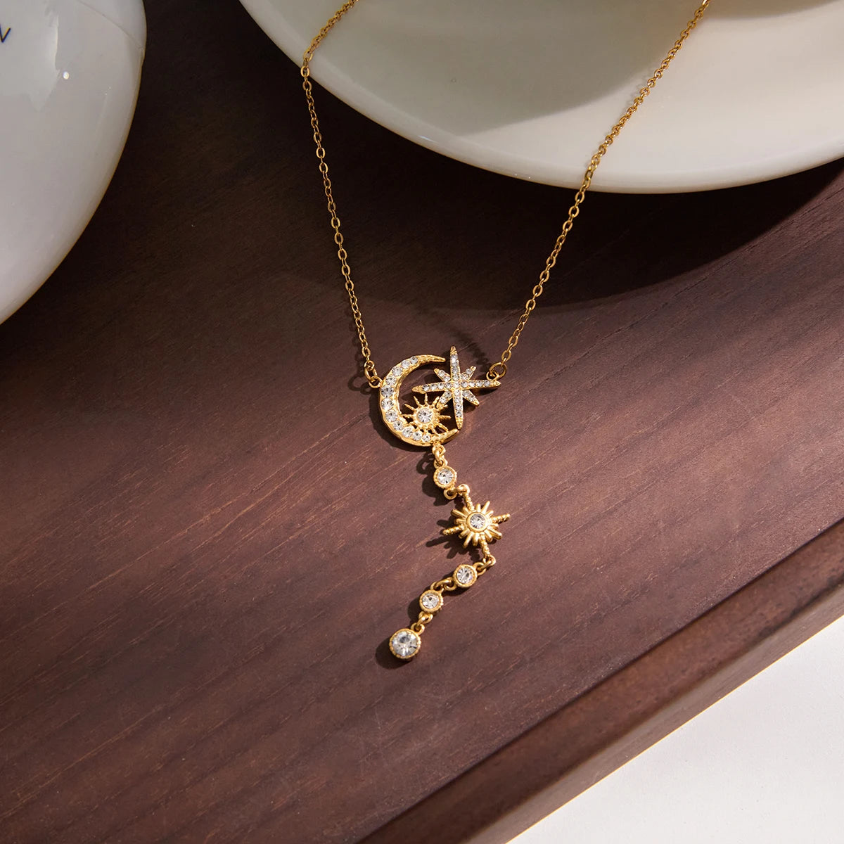 Kika Rhinestones Flower Star Moon Pendant Y-Shaped Chain Necklace
