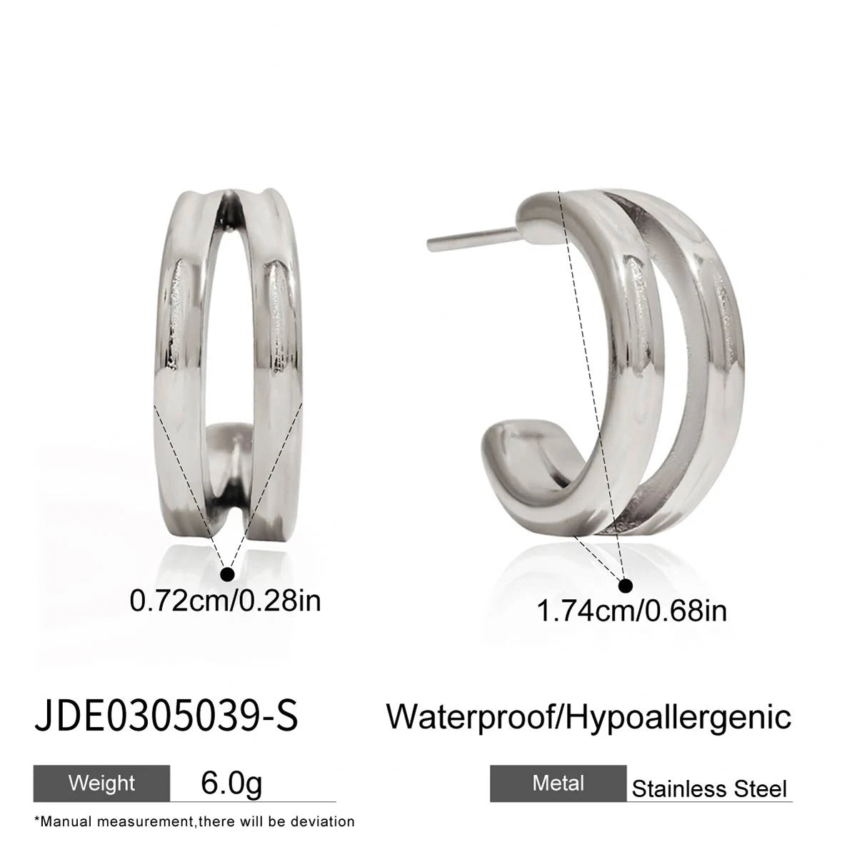 KIKA Minimalist Classic 18K Gold Color PVD  Plated Stainless Steel 316L C-Shaped Earrings Hypoallergenic Waterproof