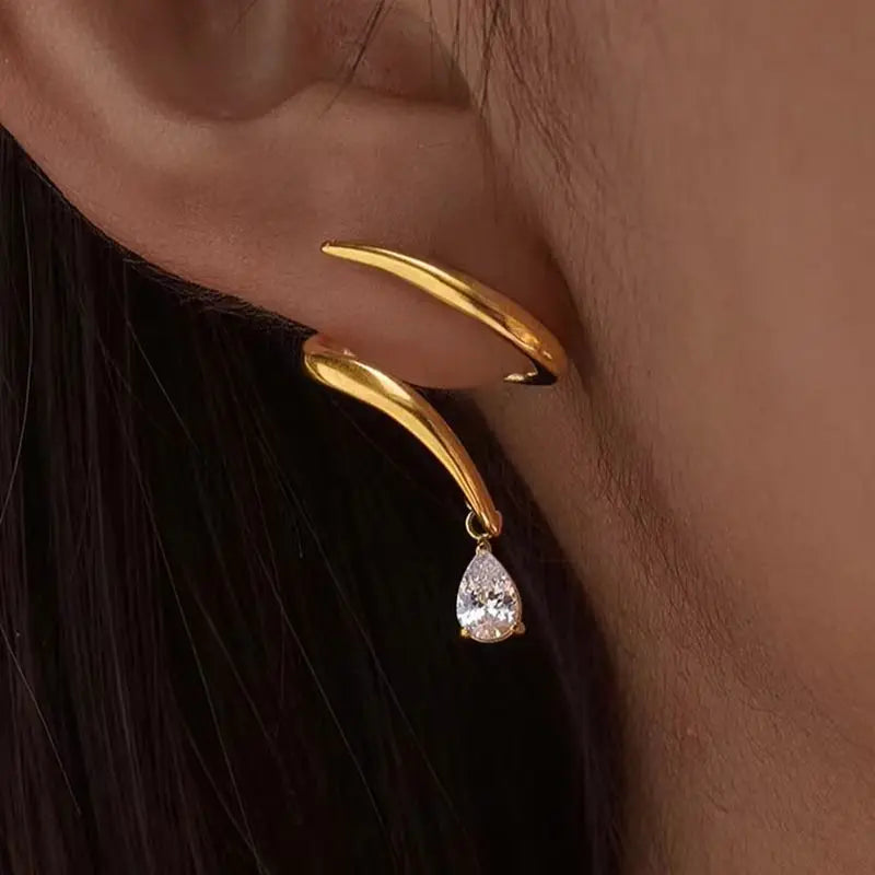 Kika Water Drop Zircon Earrings Minimalist Wave Shape 18K Gold PVD Plated Stainless Steel 316L