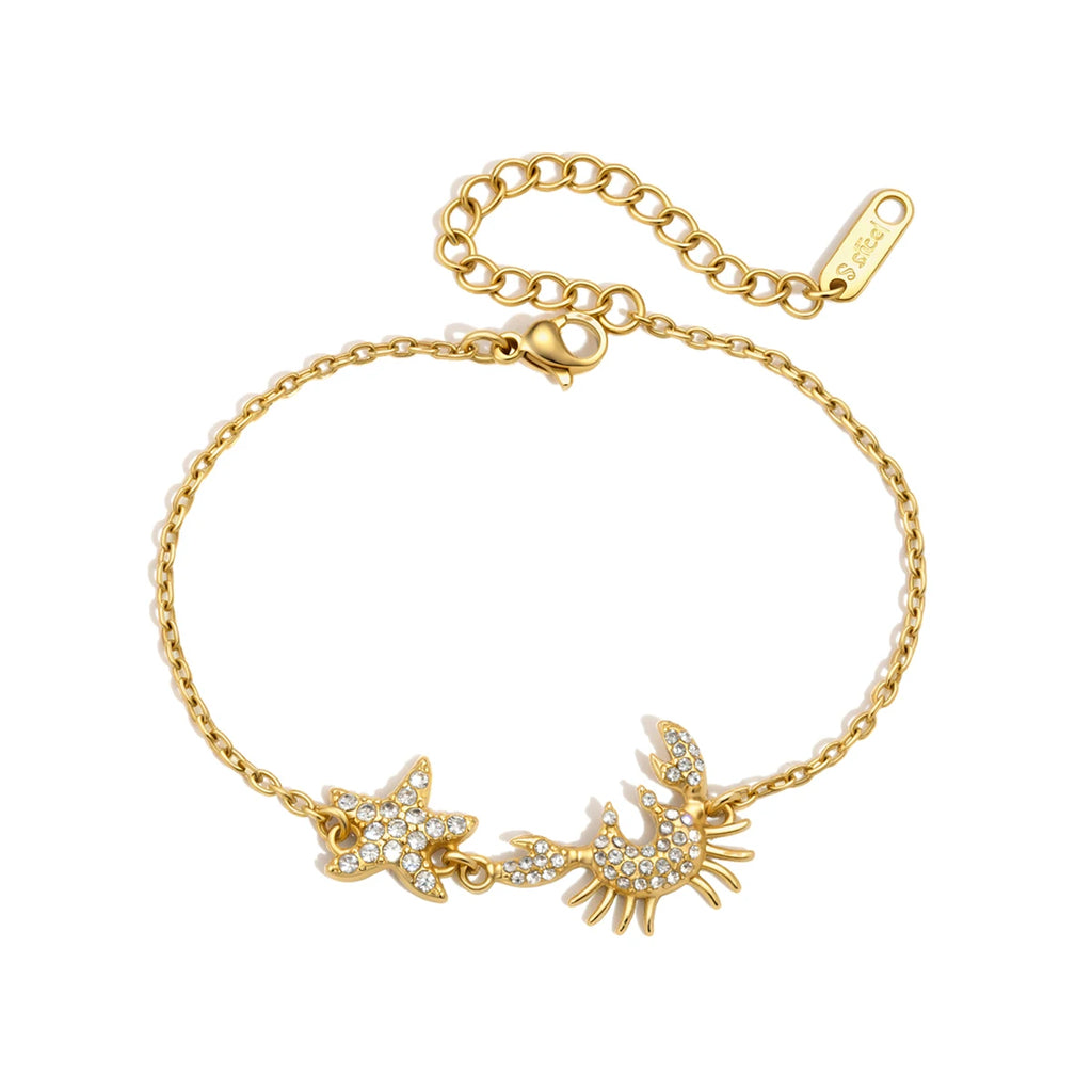 Kika Delicate Crab Starfish Lobster White Rhinestone Ring Bracelet