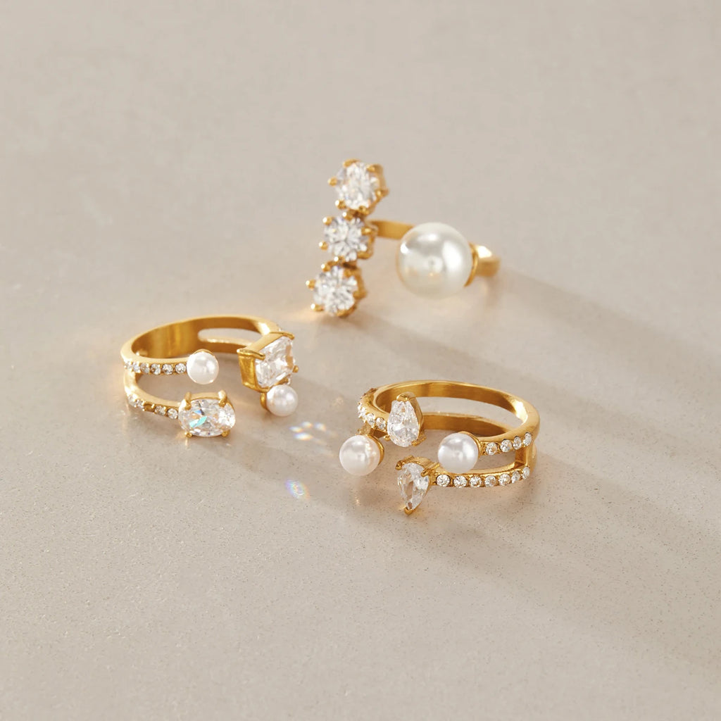 KIKA Elegant Zircon Imitation Pearl Open Rings For Women Minimalist 18K Gold Plated Stainless Steel Rings Fashion Jewelry Gift