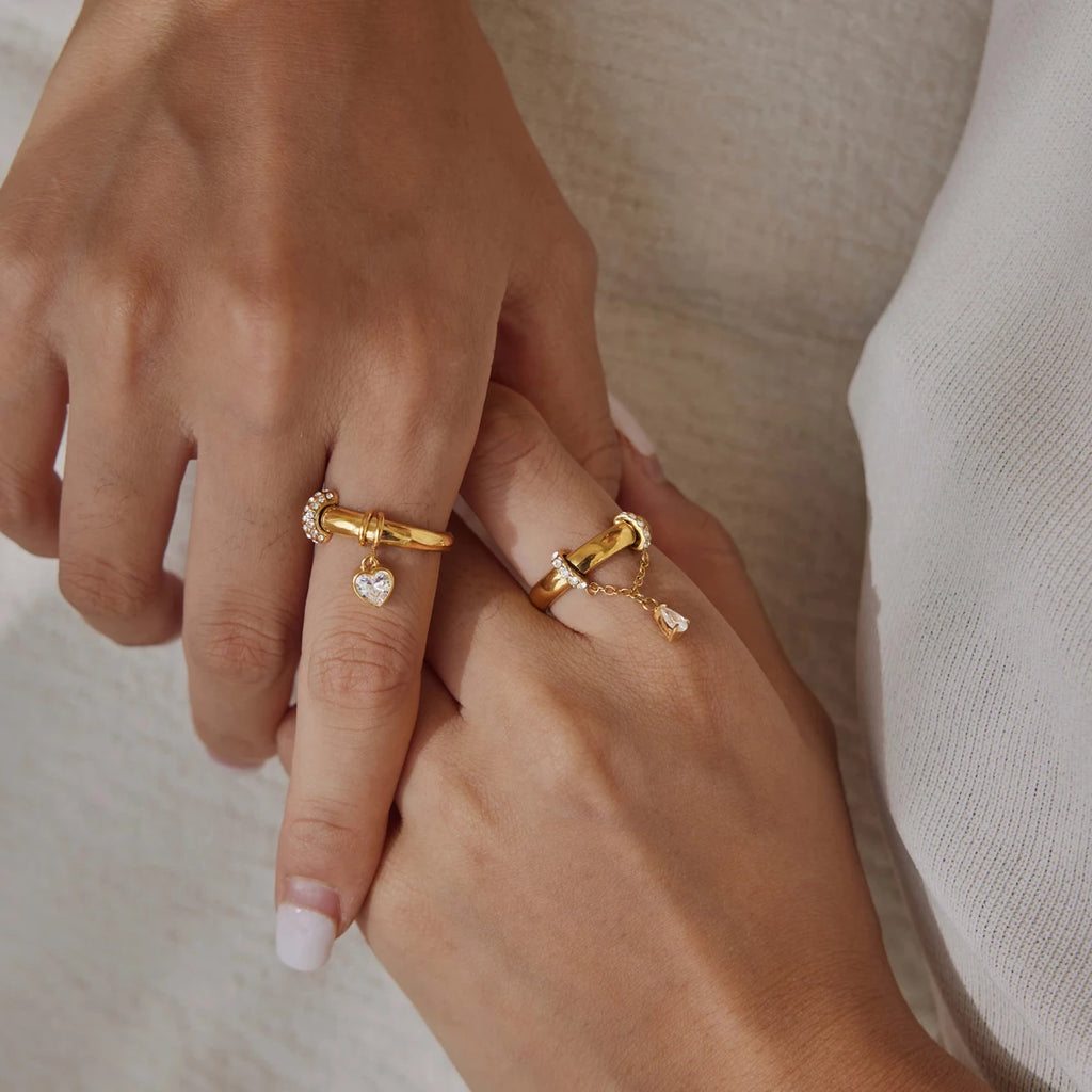 KIKA Zircon Heart Water Drop Little Charm Rings For Women Minimalist 18K Gold PVD Plated Stainless Steel Rings Fashion Jewelry