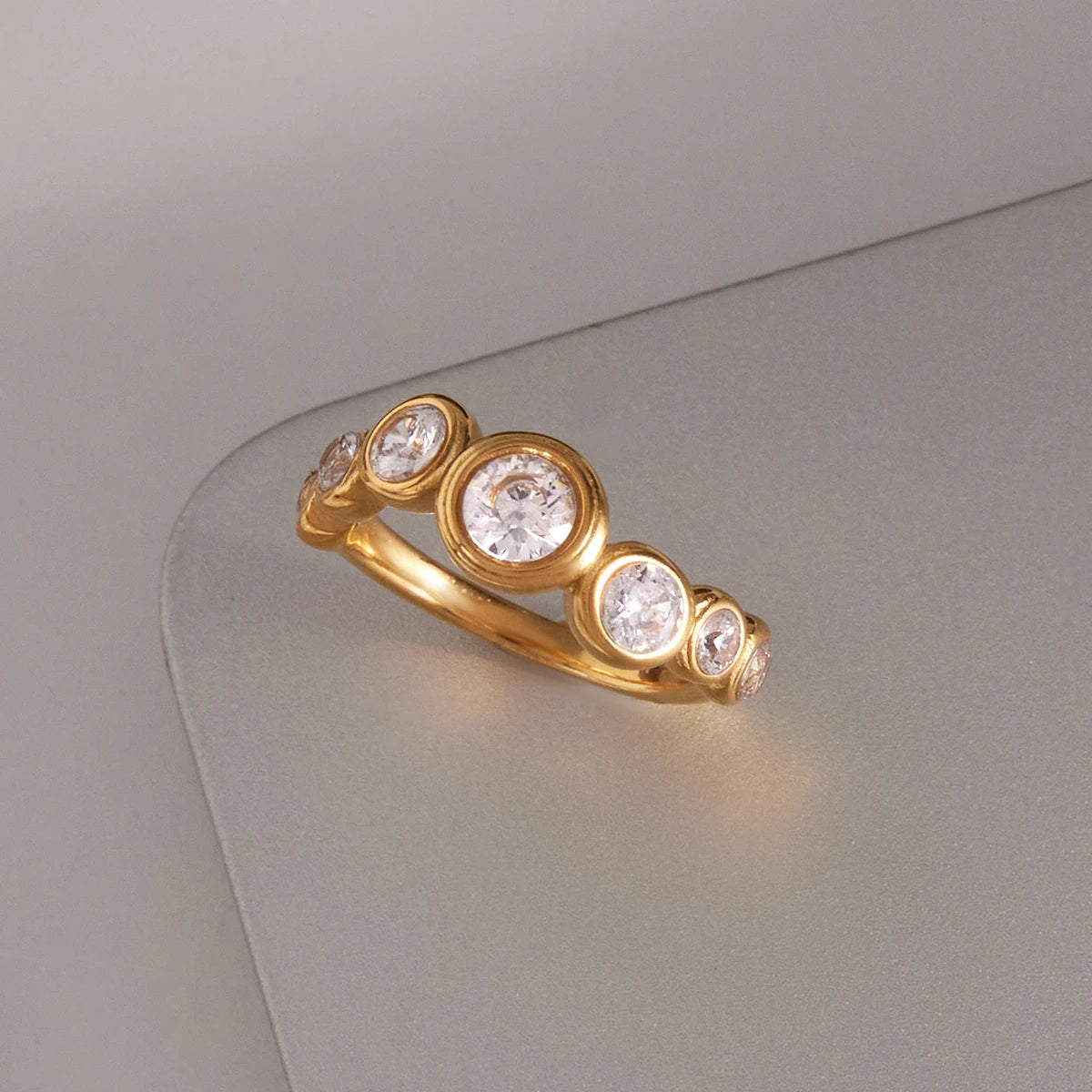 Simple Classic Round White Zircon Wave Ring 18K PVD Stainless Steel