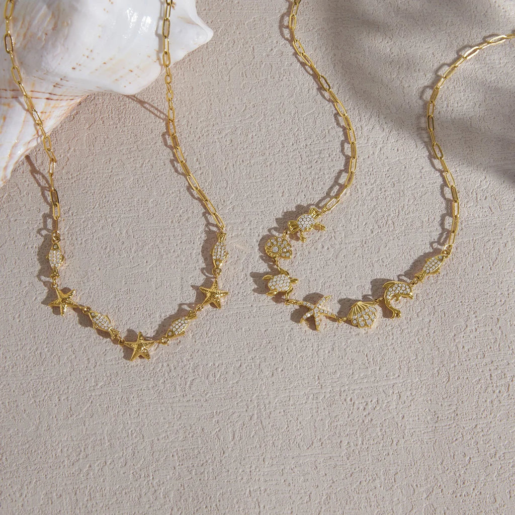 Kika White Rhinestone Crab Conch Starfish Paperclip Necklaces