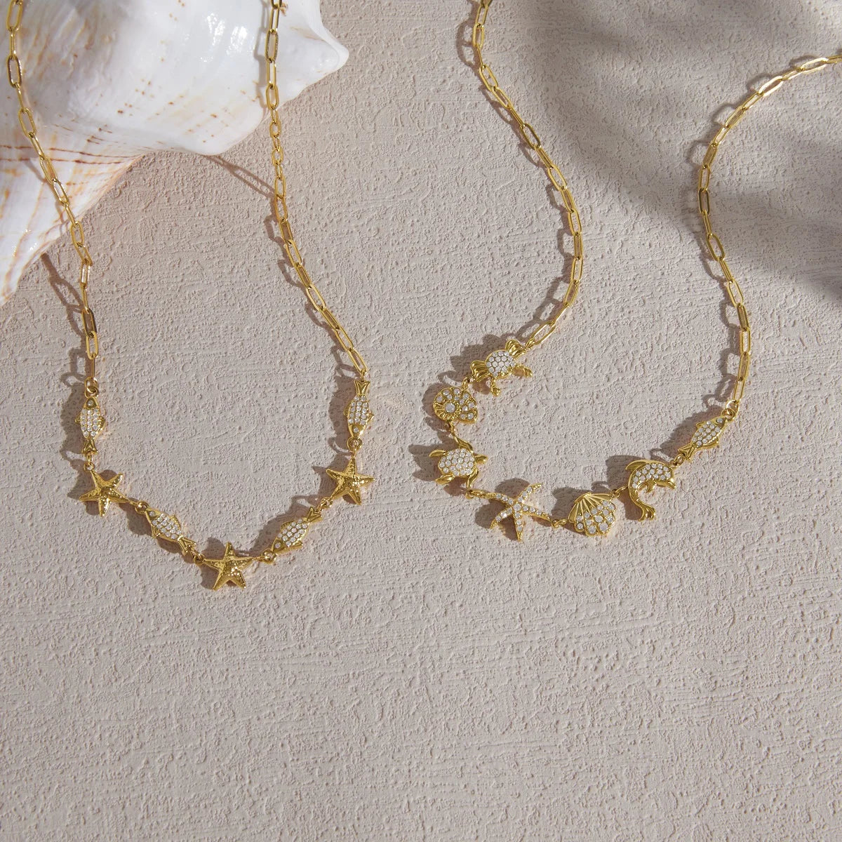 Kika White Rhinestone Crab Conch Starfish Paperclip Necklaces