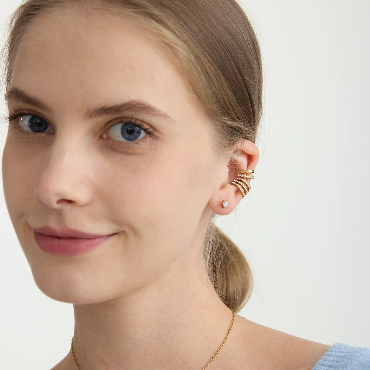 Simple Classic White Zircon Three Layer Earclip Stainless Steel