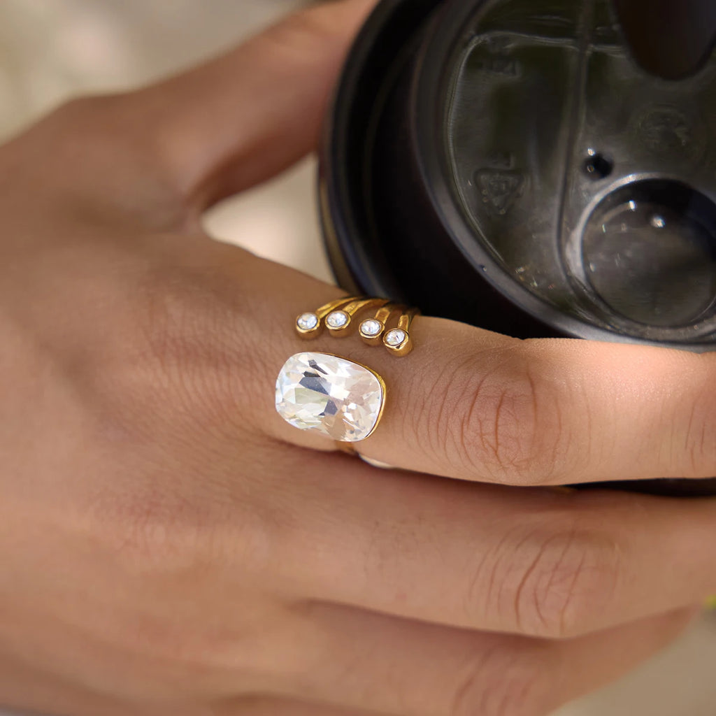 KIKA Elegant Geometric Crystal Open Rings Gold PVD Plated Stainless Steel 316L