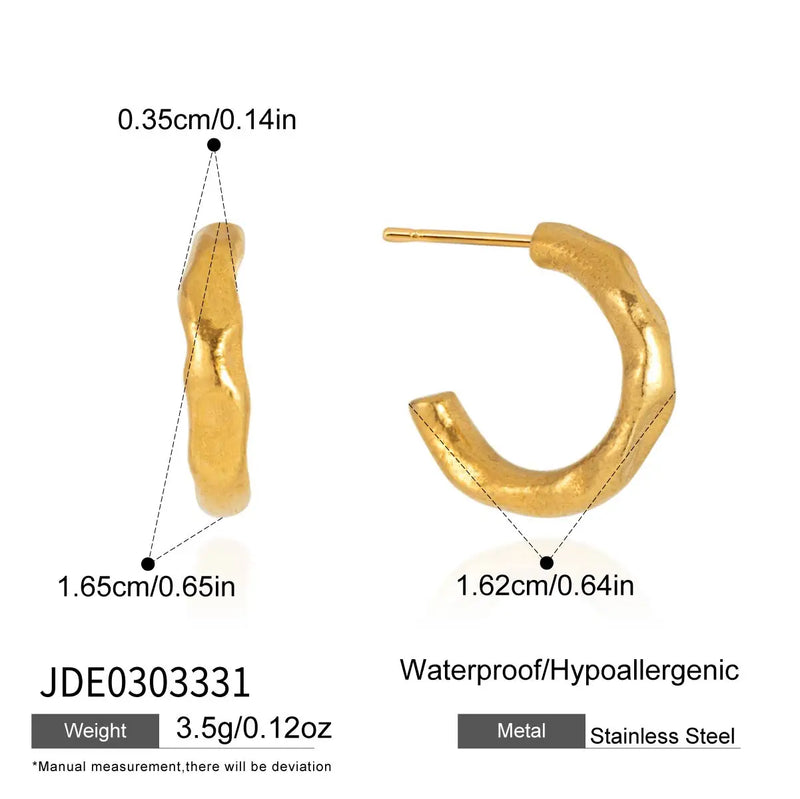 KIKA Delicate Gold Color C-Shaped Hammer Patterned Earrings  PVD Plated Stainless Steel 316L