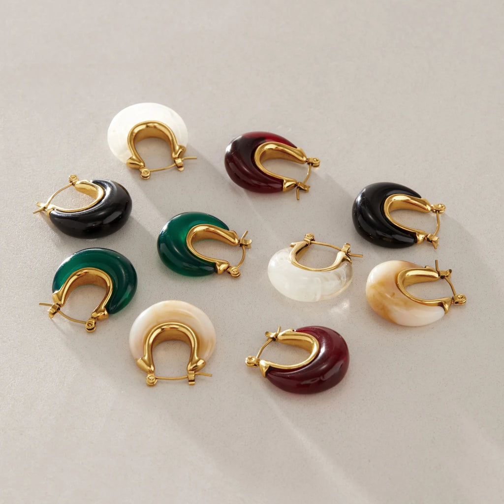 KIKA Vintage Chunky U Shape Resin Clip Earrings For Women 18K Gold PVD Plated Stainless Steel 316L