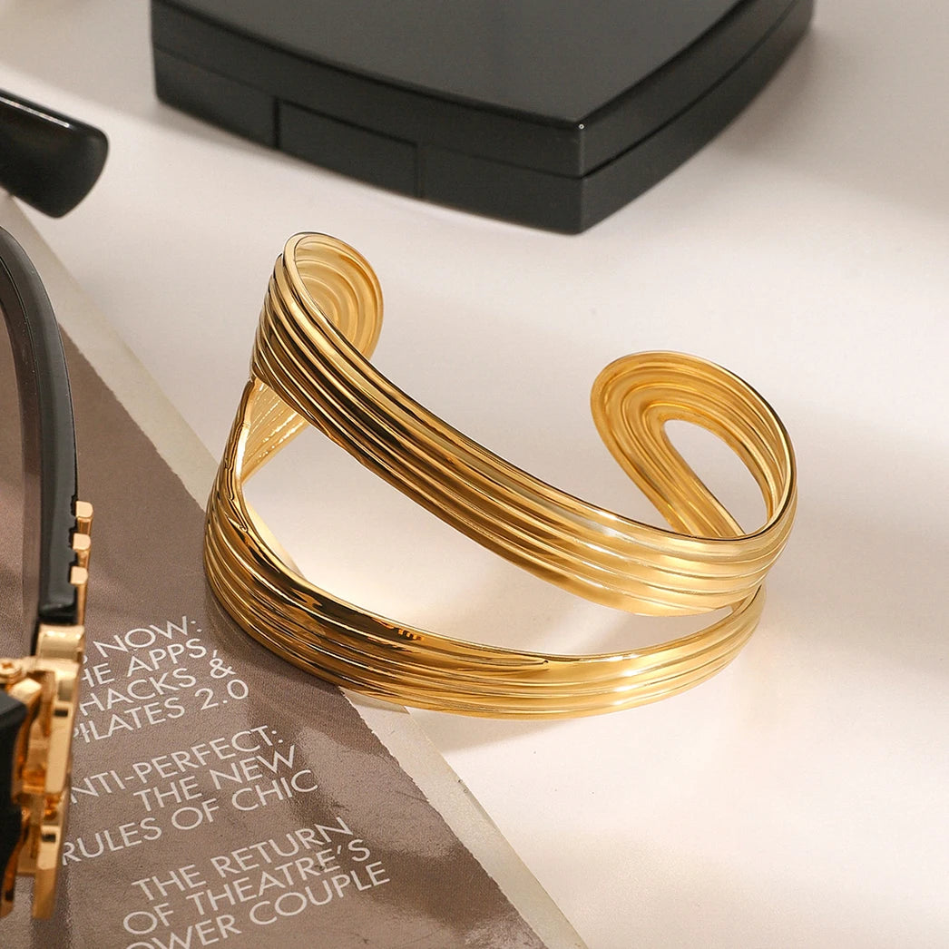 Ribbed Double Layered Hollow Bracelet Adjustable Bangle